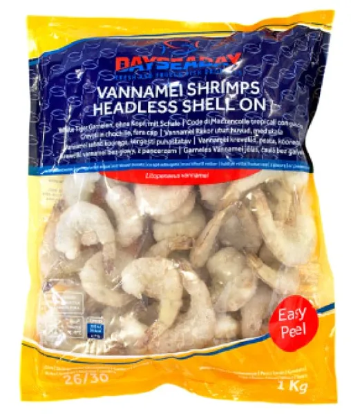 Baltkāju garneles DAYSEADAY, sald., 16/20, jēlas, čaulā, b/g, iegrieztas, 25%, 750g/1kg, VNM HLSO EP