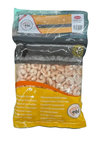 Baltkāju garneles EBI, sald., 100/200, vārītas, tīrītas, bez astes, 20%, 800g/1kg, VNM PD COOKED
