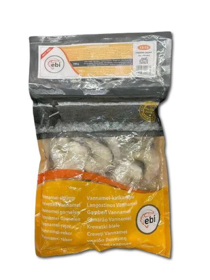 Baltkāju garneles EBI, sald., 13/15, jēlas, čaulā, iegrieztas, 25%, 750g/1kg, VANNAMEI HLSO EP RAW