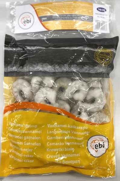 Baltkāju garneles EBI, sald., 16/20, jēlas, tīrītas, bez astes, 25%, 750g/1kg, VANNAMEI PD RAW