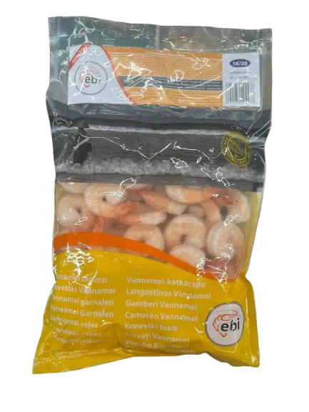 Baltkāju garneles EBI, sald., 16/20, vārītas, tīrītas, ar asti, 25%, 750g/1kg, VNM PDTO COOKED