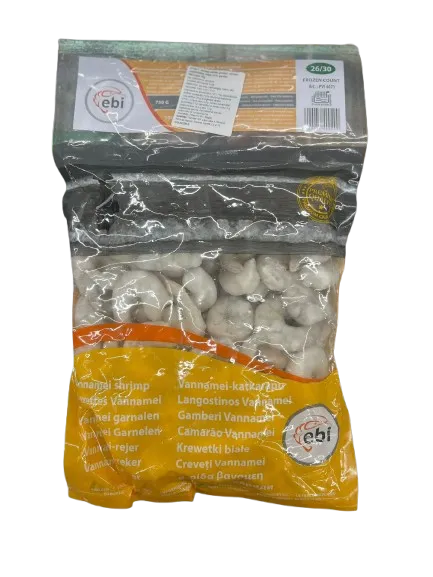 Baltkāju garneles EBI, sald., 26/30, jēlas, tīrītas, bez astes, 25%, 750g/1kg, VANNAMEI PD RAW