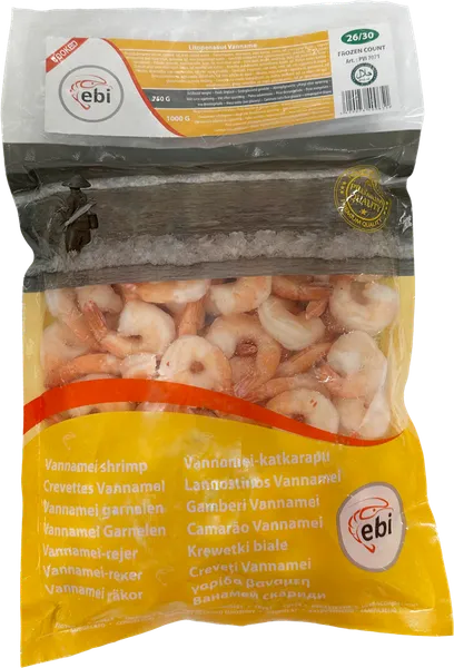 Baltkāju garneles EBI, sald. 26/30, vārītas, tīrītas, ar asti, 25%, 750g/1kg, VNM PDTO COOKED