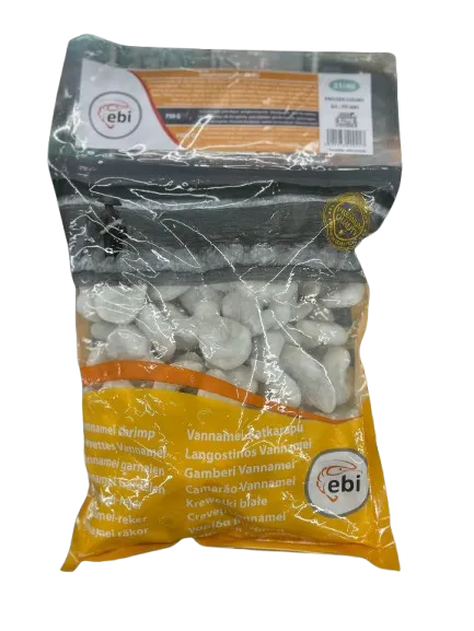 Baltkāju garneles EBI, sald., 31/40, jēlas, tīrītas, bez astes, 25%, 750g/1kg, VANNAMEI PD RAW