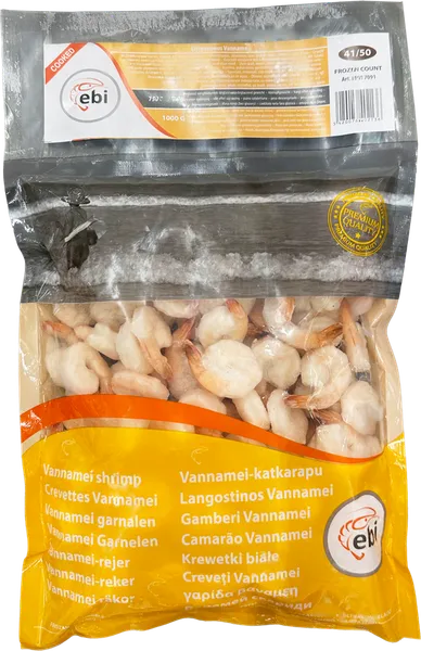 Baltkāju garneles EBI, sald., 41/50, vārītas, tīrītas, ar asti, 25%, 750g/1kg, VNM PDTO COOKED