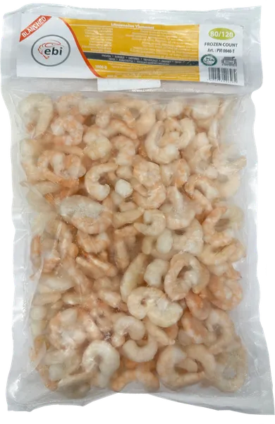 Baltkāju garneles EBI, sald., 80/120, blanšētas, tīrītas, bez astes, 20%, 800g/1kg, PD BLANCHED