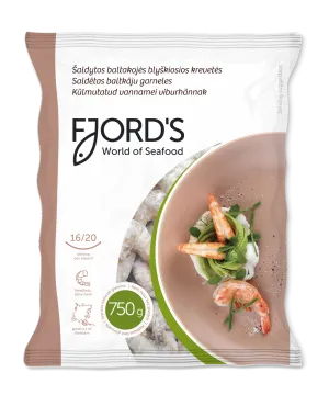 Baltkāju garneles FJORD'S, sald., 16/20, jēlas, čaulā, b/g, iegrieztas, 25%, 750g/1kg, VNM HLSO EP