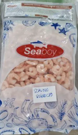 Baltkāju garneles SEABOY, sald., 80/120, vārītas, tīrītas, bez astes, 20%, 800g/1kg, VNM PD COOKED