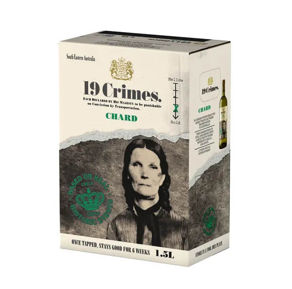 Baltvīns 19 CRIMES Chardonnay, sauss, 13%, BIB, 1.5l