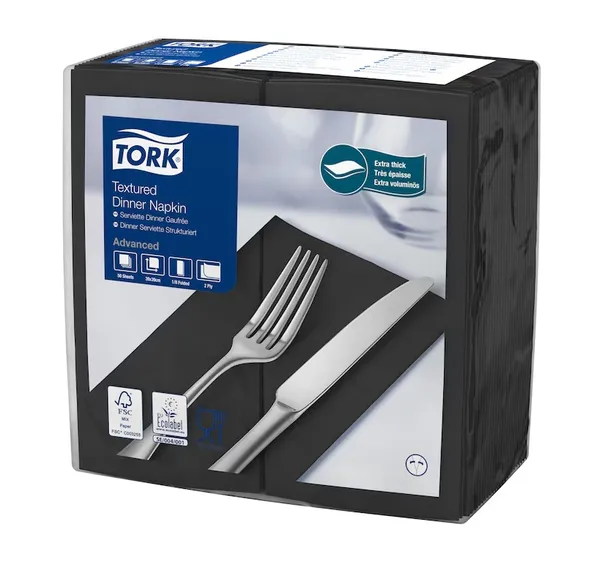 Banketu salvetes TORK ar reljefrakstu, 39x39cm, melnas, 1/8 locījums, 2 slāņi, 50gab, 509421