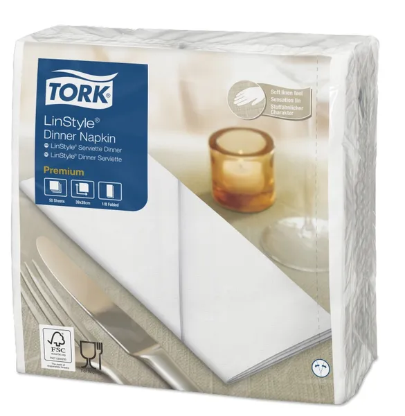 Servetėlės LINSTYLE Dinner, baltos, 1/8 lankstymo, 39 x 39 cm, 50 vnt, 478145