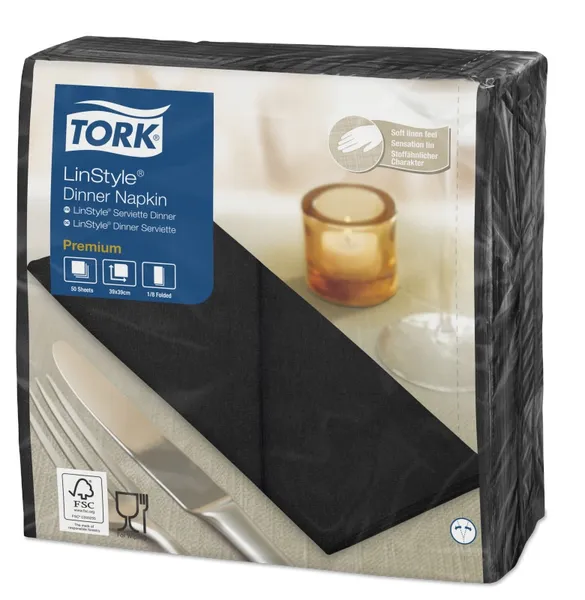 Banketu salvetes TORK LinStyle, 39x39cm, melnas, 1/8 locījums, 50gab  478151