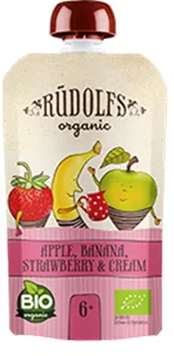 Biezenis Rūdolfs Bio ābolu,banānu,zemeņu ar saldo krēj. 110g