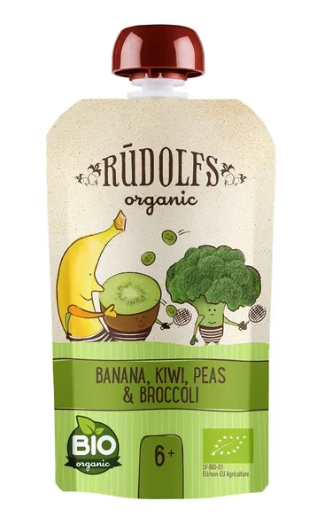 Biezenis RŪDOLFS BIO banānu, kivi, zaļo zirņu un brokoļu, no 6 mēn., tūbiņā, 110g