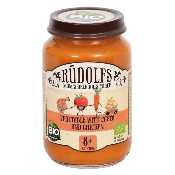Biezenis RŪDOLFS BIO dārzeņi ar makaroniem un vistas gaļu, no 8 mēn., 190g