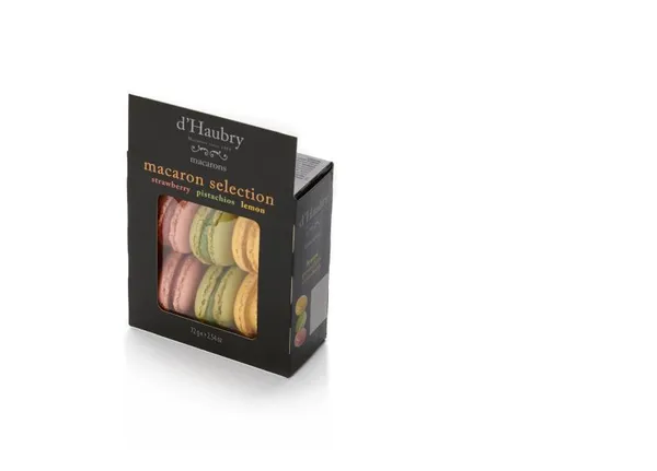 Cepumi D'HAUBRY Macaroons pistācijas, citronu un zemeņu garša, 6gab., 72g