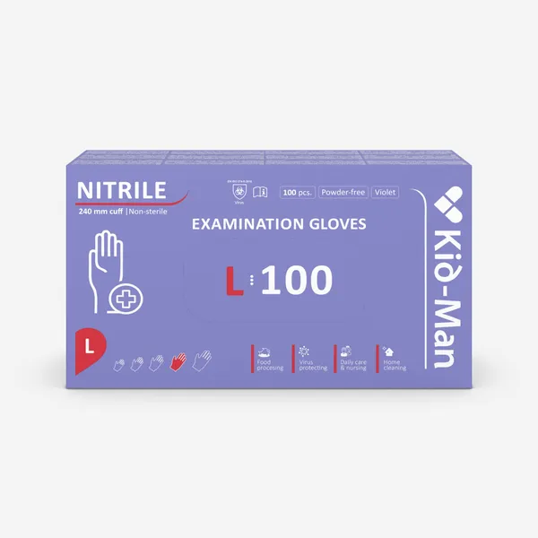 Cimdi nitrila KID-MAN, bez pūdera, violeti, L izm., 100gab