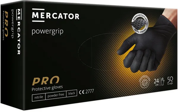 Cimdi nitrila MERCATOR Powergrip, melni, L izm., 50gab