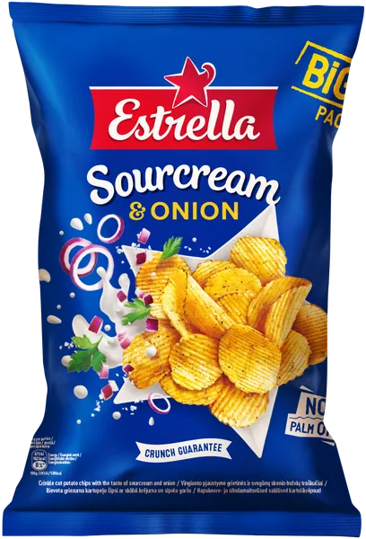 Čipsi Estrella ar lauku krējuma un sīpolu garšu 180g