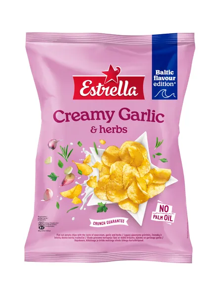 Čipsi ESTRELLA, ar skābā krējuma, ķiploku un garšaugu garšu, 170g