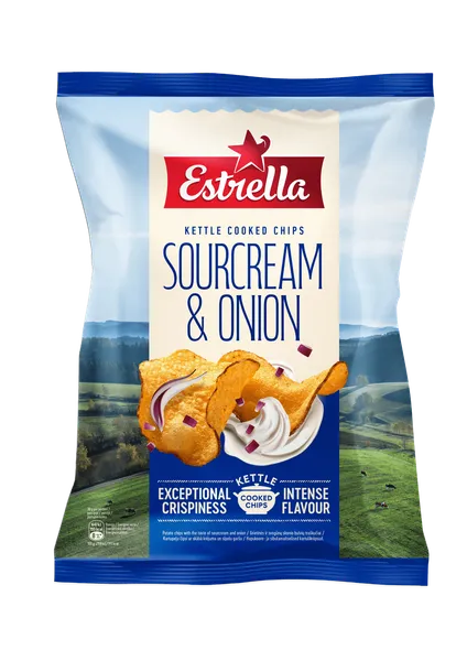 Čipsi ESTRELLA Kettle, ar skābā krējuma un sīpolu garšu, 120g