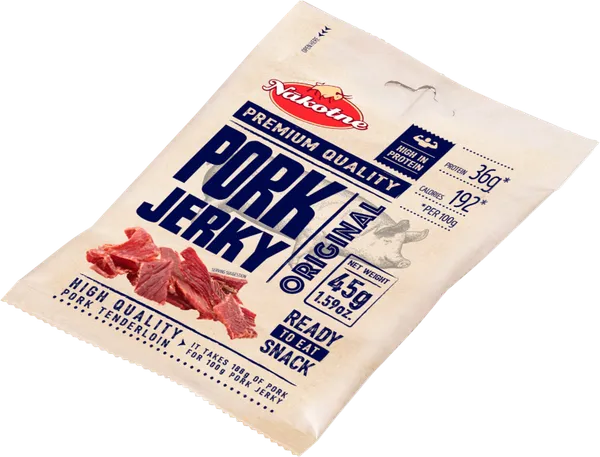 Cūkgaļas uzkoda NĀKOTNE PORK Jerky, žāvēta, karsti kūpināta, 45g