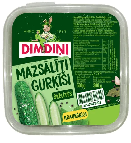 DIMDIŅI Mazsālīti gurķīši  šķēlītēs , 500 g (gurķi neto 300 g) trauciņš