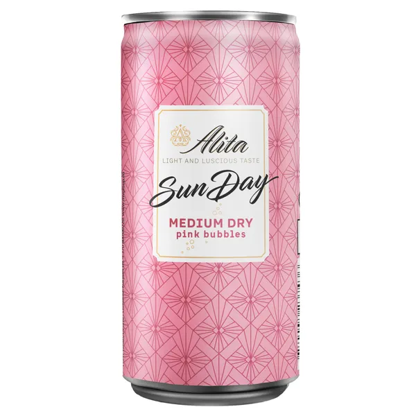 Dzirkstošais augļu vīna dzēriens ALITA SunDay, rozā, pusssauss, 7,5%, bundžā, 0,2l (DEP)