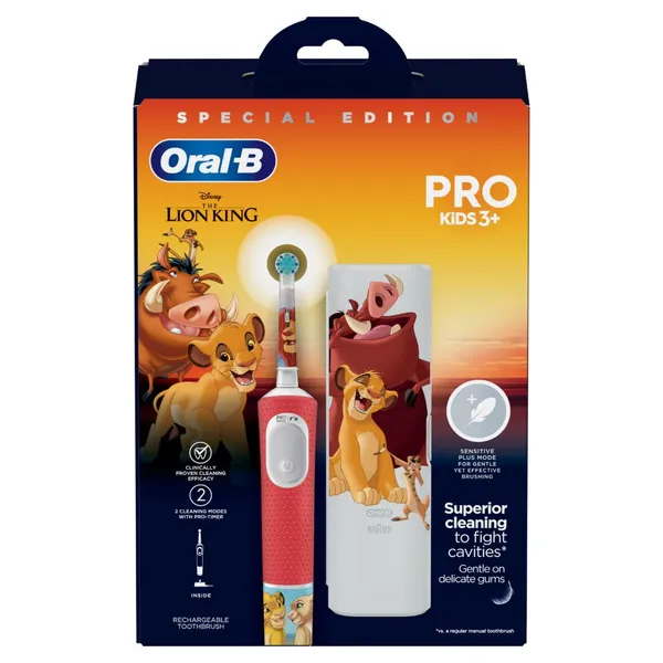 Elektriskā zobu birste ORAL B Vitality PRO Kids 3+ Lion King + ceļojumu futrālis, 1 gab.