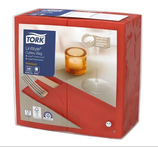 Galda piederumu kabatiņas salvete TORK Linstyle, sarkana, 21x9.5 cm, 60 gab., 1 slānis, 509604
