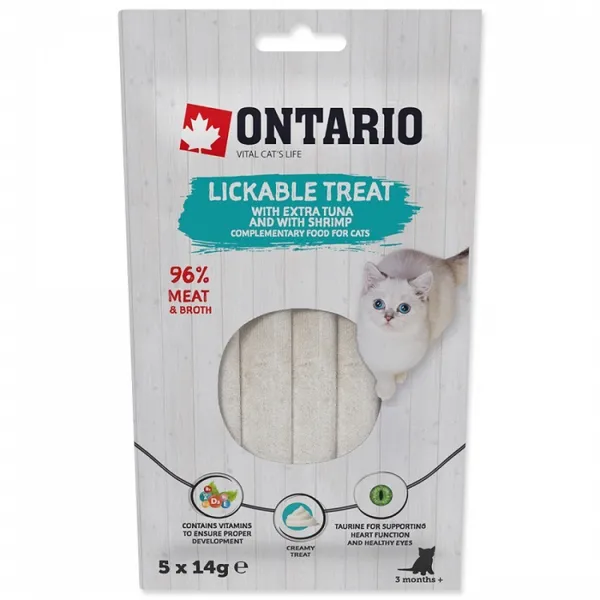 Gardums kaķiem ONTARIO Lickable Treats, ar tunci un garnelēm, 5x14g