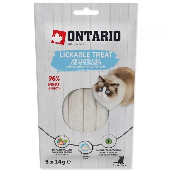Gardums kaķiem ONTARIO Lickable Treats, ar tunci un lasi, 5x14g