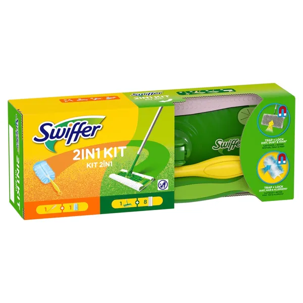 Grīdas slota ar sausām (8gab) salvetēm +  putekļu slota SWIFFER, komplekts