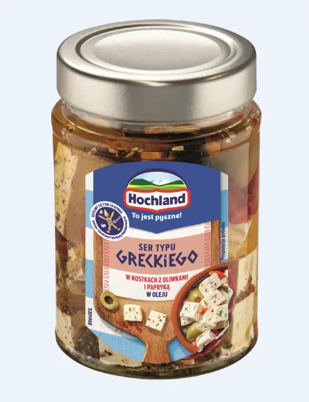 Grieķu tipa siers eļļā HOCHLAND kubiņos ar papriku un olīvām 300g