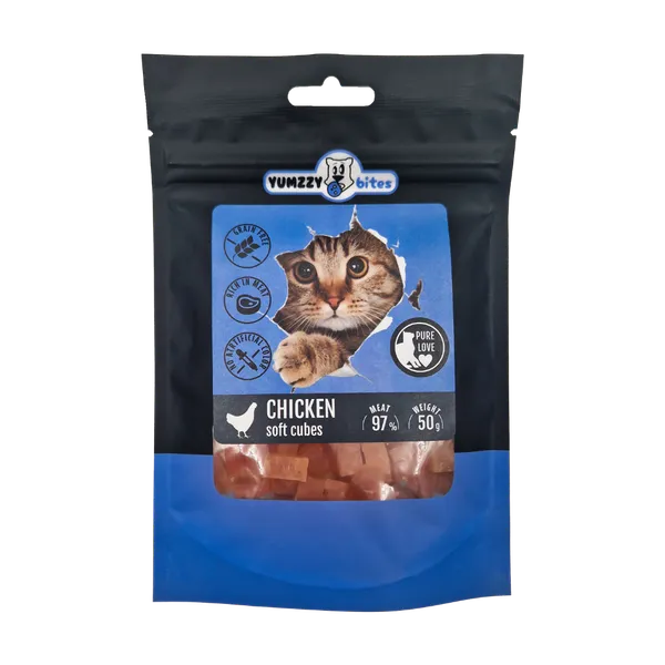 Kaķu gardums YUMZZY BITES, vistas kubiņi, 50g