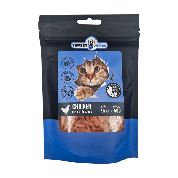 Kaķu gardums YUMZZY BITES, vistas mini strēmelītes ar kaķumētru, 50g