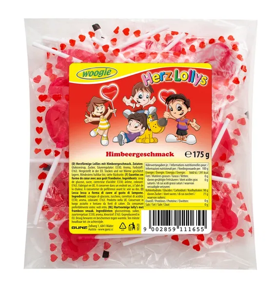 Karameles uz kociņa WOOGIE sirds formā, aveņu garša, 175g