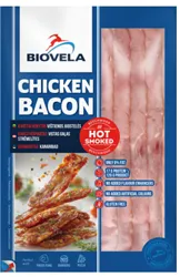 Karsti kūpinātas vistas gaļas strēmelites "Chicken Bacon" 120g BIOVELA