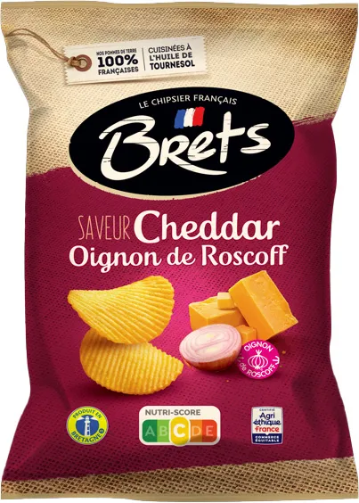 Kartupeļu čipsi BRETS, Čedaras siera un sīpolu garša, 125g