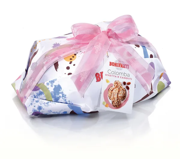 Kēkss BONIFANTI Panettone Colomba ar sukādēm apel. miz., lazdu riekstu glaz., mand., 750g
