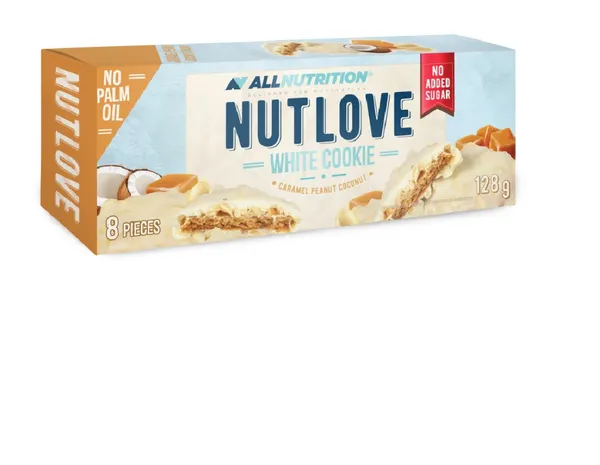 Kokosriekstu cepumi NUT LOVE ALLNUTRITION ar karameli un zemesriekstiem, pārklāti ar piena glazūru,