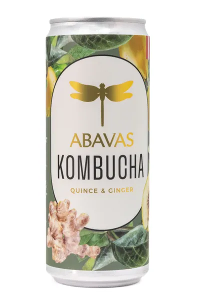 Kombuča ABAVAS, ar cidonijām un ingveru, bundžā, 0.33l (DEP)