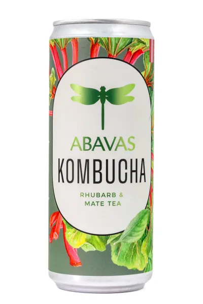 Kombuča ABAVAS, ar rabarberiem un mate tēju, bundžā, 0.33l (DEP)
