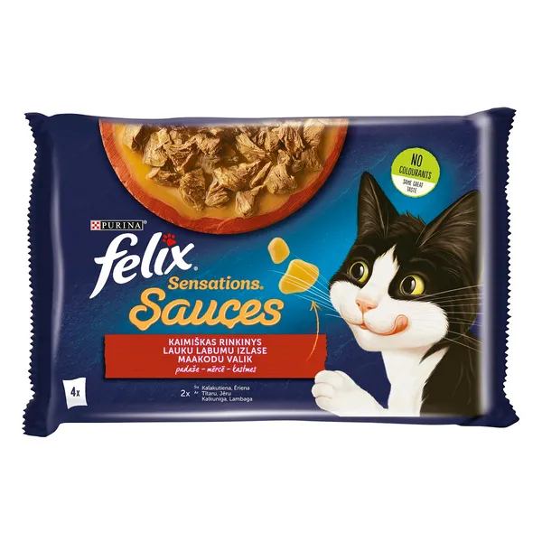 Konservi kaķiem FELIX Sensations, gaļas izlase mērcē, 4x85g