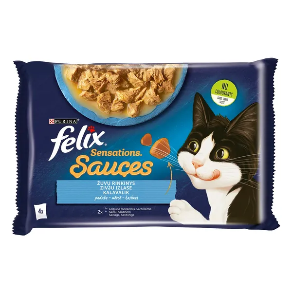 Konservi kaķiem FELIX Sensations, zivju izlase mērcē, 4x85g