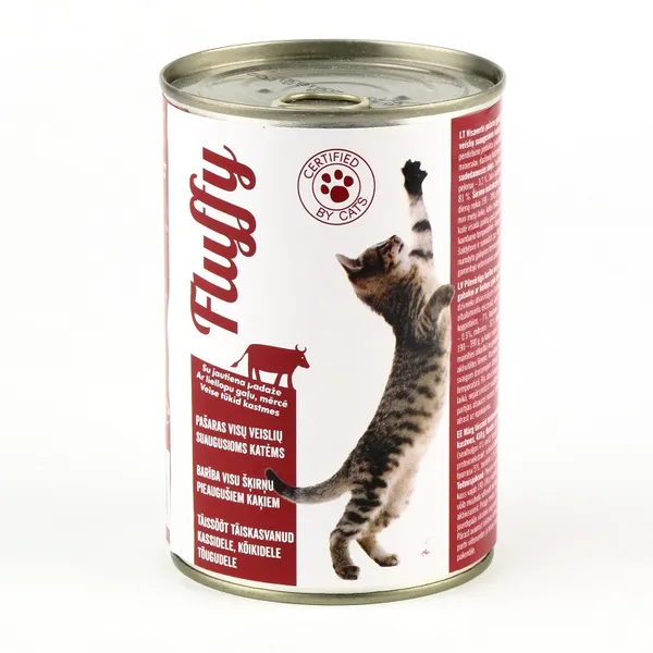 Konservi kaķiem FLUFFY, ar liellopa gaļu, 410g
