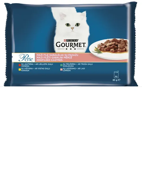 Konservi kaķiem GOURMET Perle, vista / lasis / liellops/trusis, 4x85g