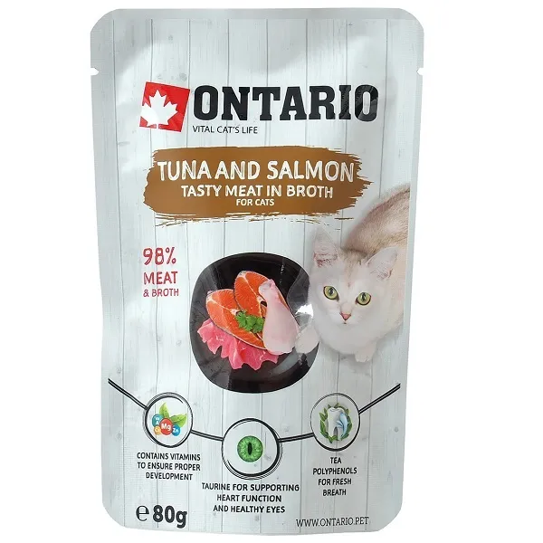 Konservi kaķiem ONTARIO, tuncis un lasis buljonā, 80g
