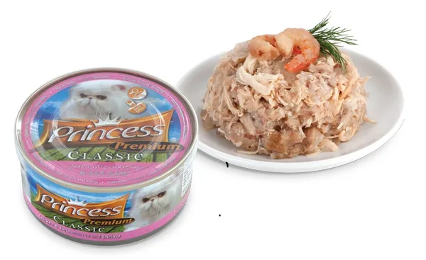 Konservi kaķiem PRINCESS Premium tuncis, cālis, garneles, 170g