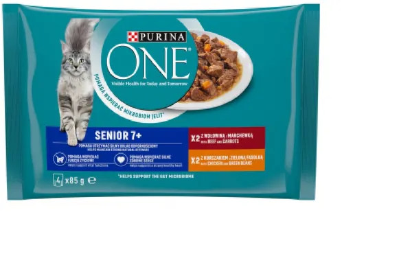 Konservi kaķiem PURINA ONE Senior 7+, liellops un burkāni, 4x85g